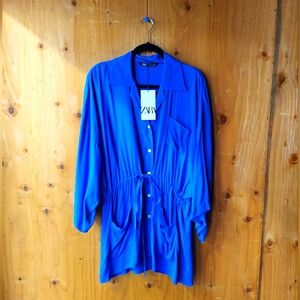 Zara Turquoise Blue Cinch Waist Long Sleeve Tunic Top Women's Size Small